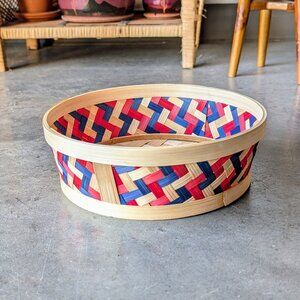 Vintage Red Blue Tan Woven Round Basket Bowl